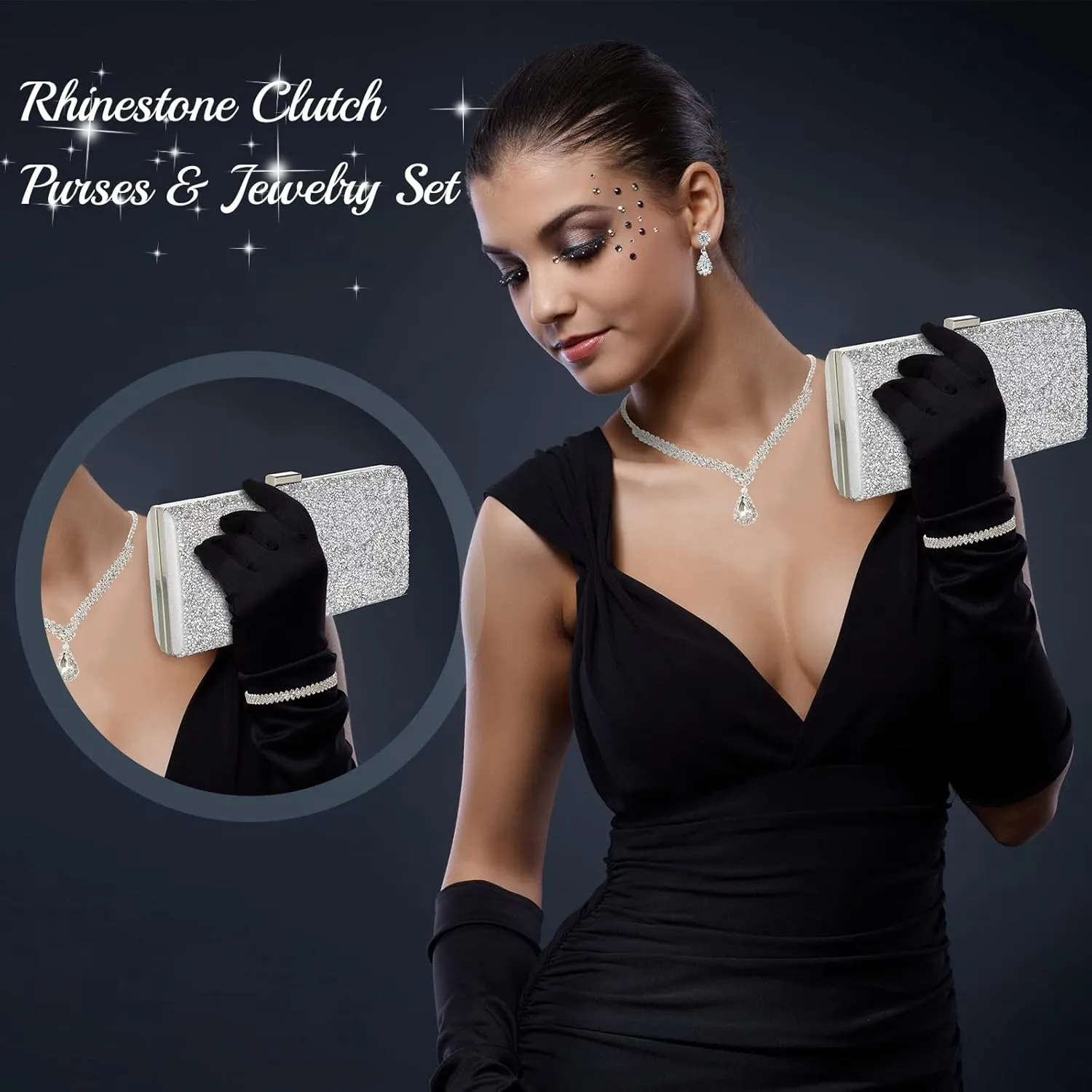 Mixweer 4 Pieces Clutch Purses Bag for Women Evening Rhinestone Jewelry Set Bling Necklace Earrings Bracelets Set for Wedding