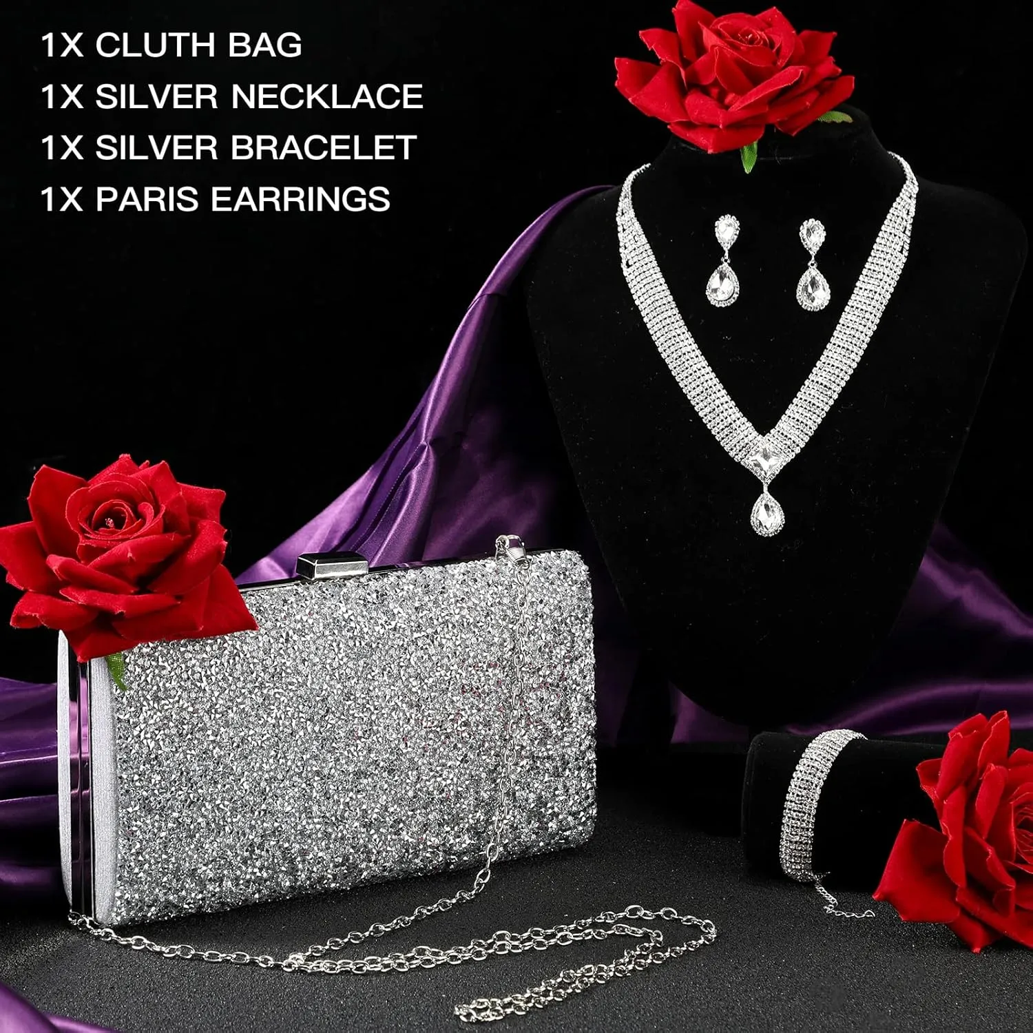 Mixweer 4 Pieces Clutch Purses Bag for Women Evening Rhinestone Jewelry Set Bling Necklace Earrings Bracelets Set for Wedding