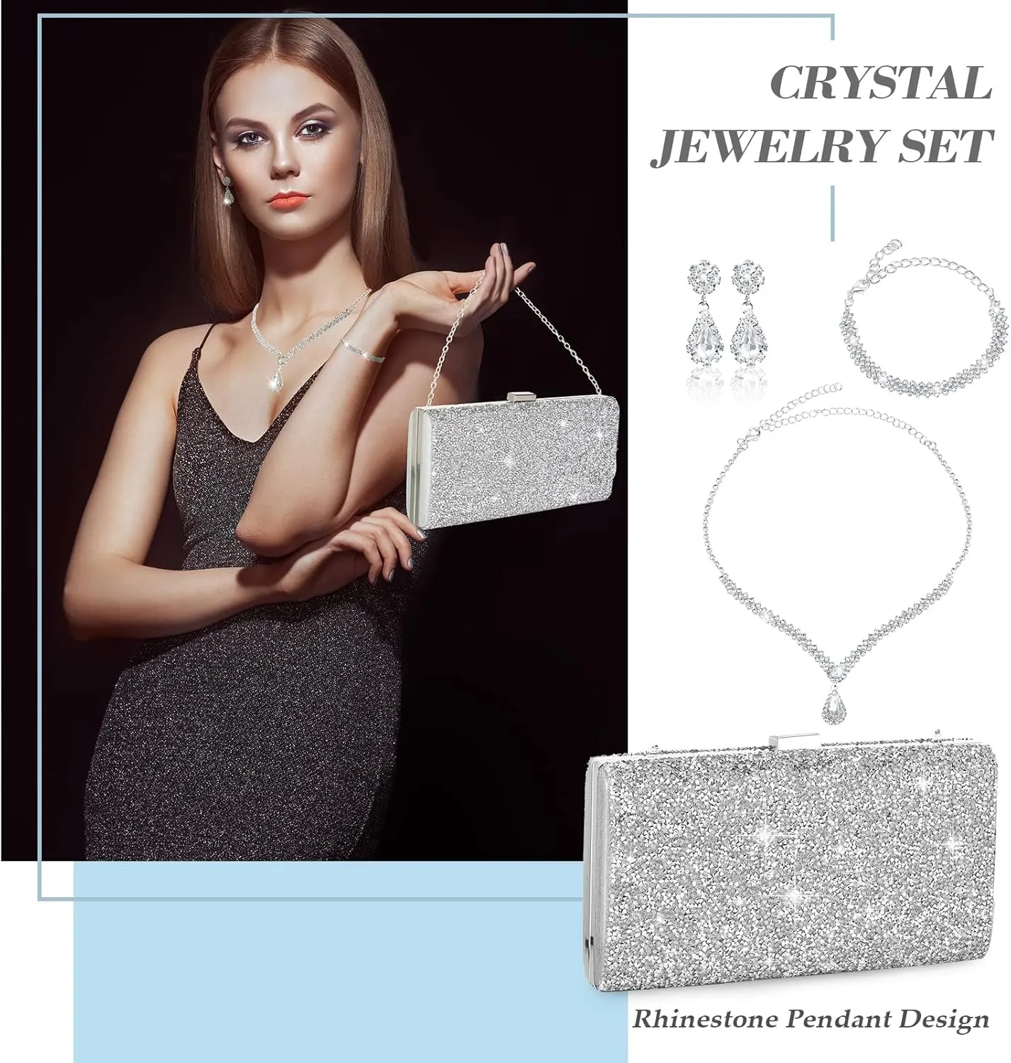 Mixweer 4 Pieces Clutch Purses Bag for Women Evening Rhinestone Jewelry Set Bling Necklace Earrings Bracelets Set for Wedding