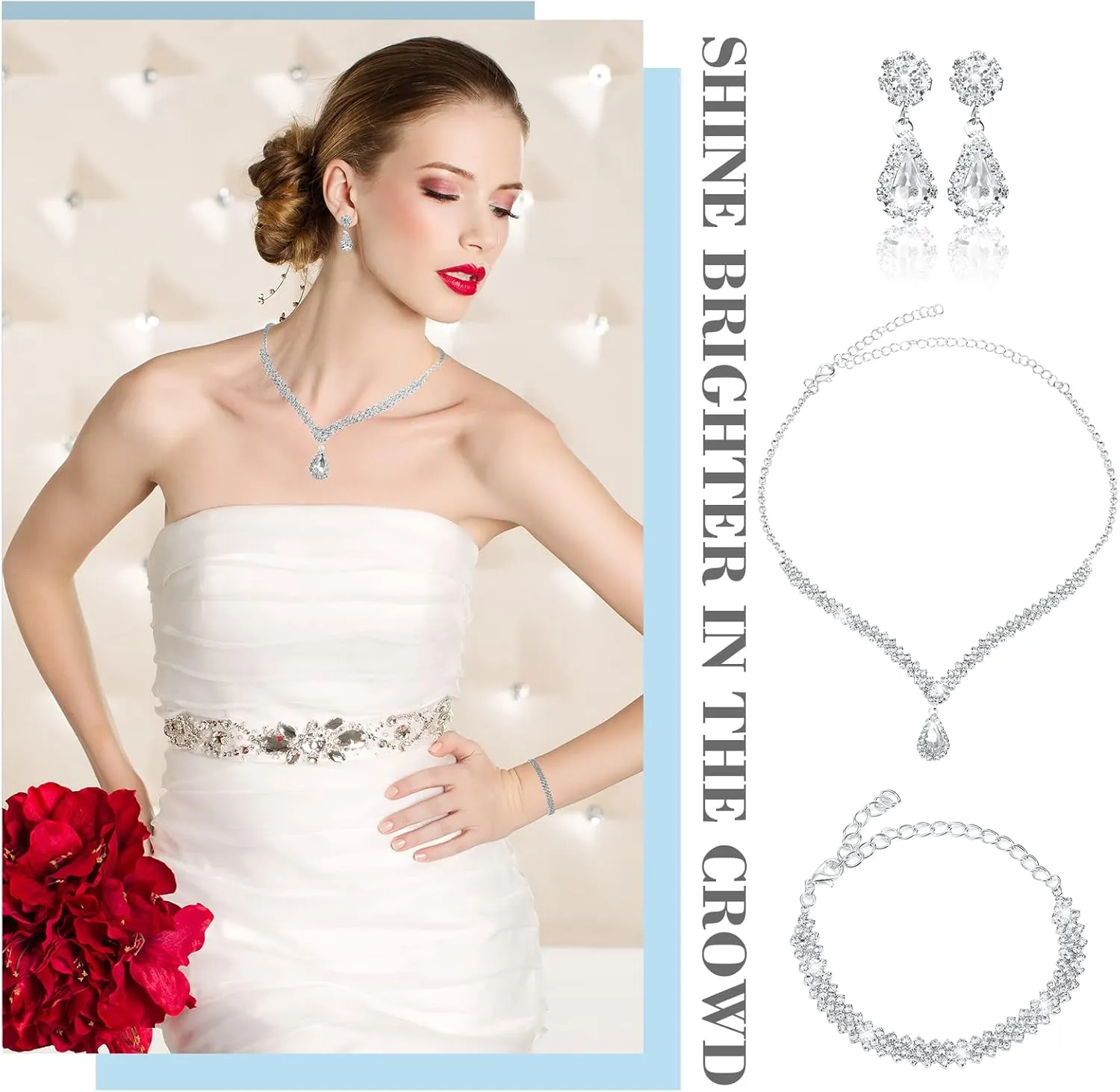 Mixweer 4 Pieces Clutch Purses Bag for Women Evening Rhinestone Jewelry Set Bling Necklace Earrings Bracelets Set for Wedding