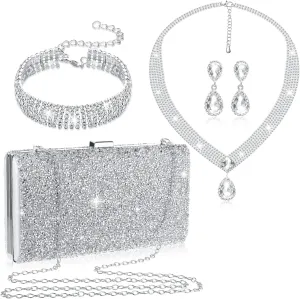 Mixweer 4 Pieces Clutch Purses Bag for Women Evening Rhinestone Jewelry Set Bling Necklace Earrings Bracelets Set for Wedding