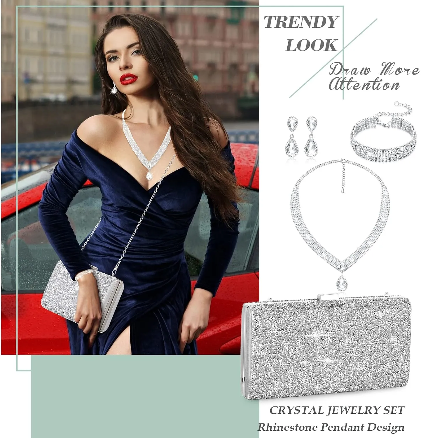 Mixweer 4 Pieces Clutch Purses Bag for Women Evening Rhinestone Jewelry Set Bling Necklace Earrings Bracelets Set for Wedding