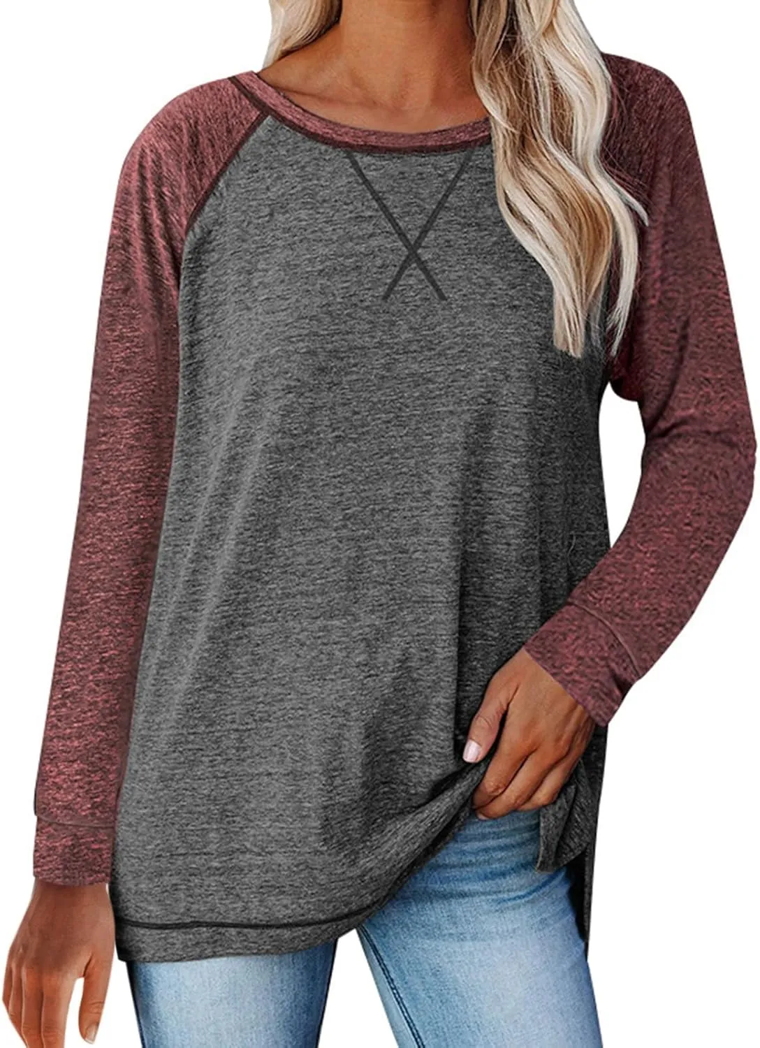 Miyaomn Casual Raglan Long Sleeve T Shirts for Women Side Split Crew Neck Standard Fit Tees Contrast Color Spring Blouse Tops