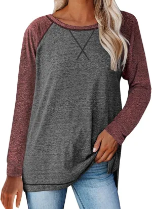 Miyaomn Casual Raglan Long Sleeve T Shirts for Women Side Split Crew Neck Standard Fit Tees Contrast Color Spring Blouse Tops