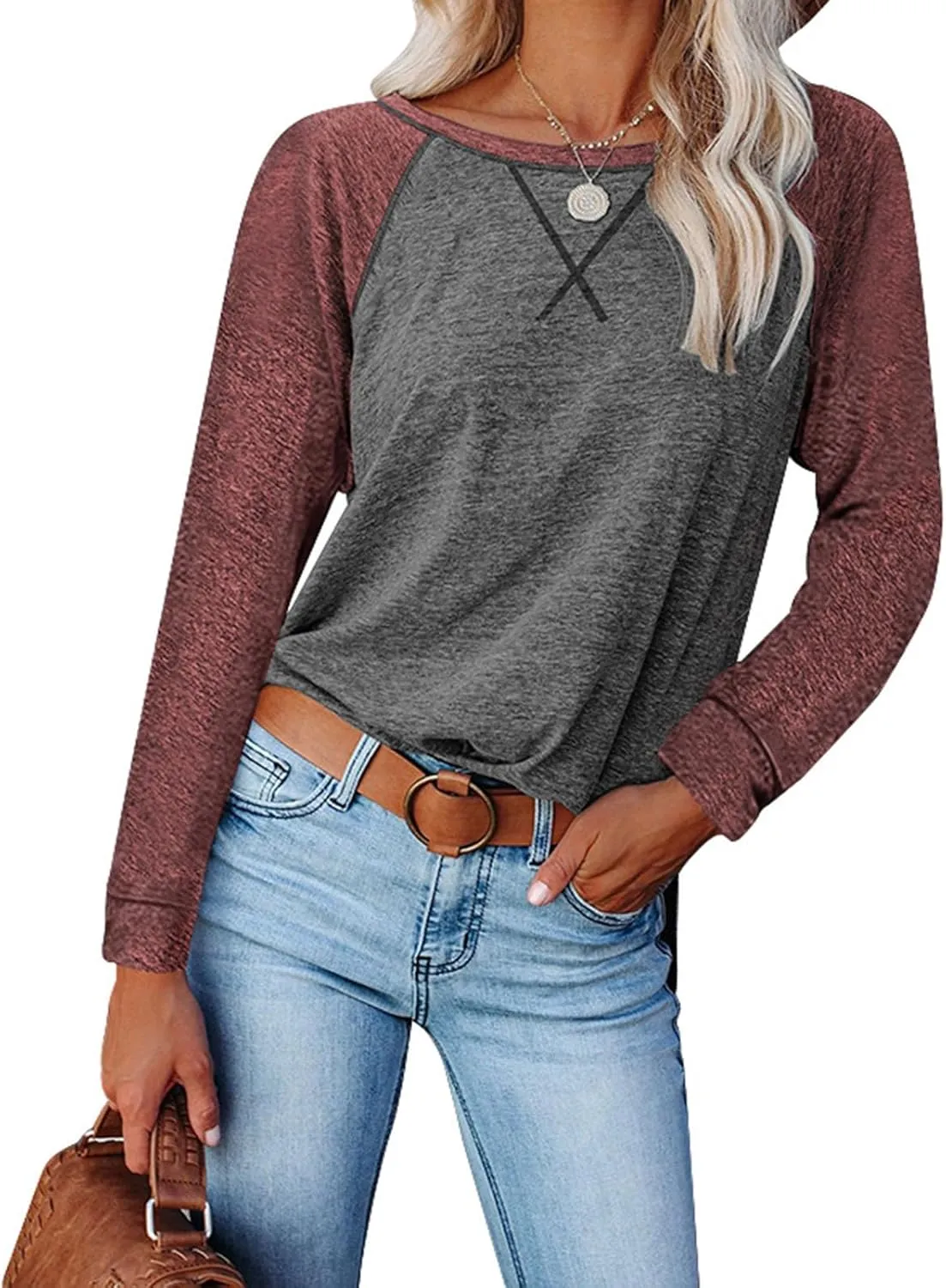 Miyaomn Casual Raglan Long Sleeve T Shirts for Women Side Split Crew Neck Standard Fit Tees Contrast Color Spring Blouse Tops