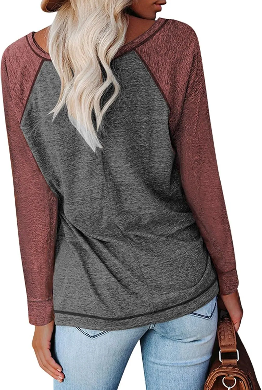 Miyaomn Casual Raglan Long Sleeve T Shirts for Women Side Split Crew Neck Standard Fit Tees Contrast Color Spring Blouse Tops