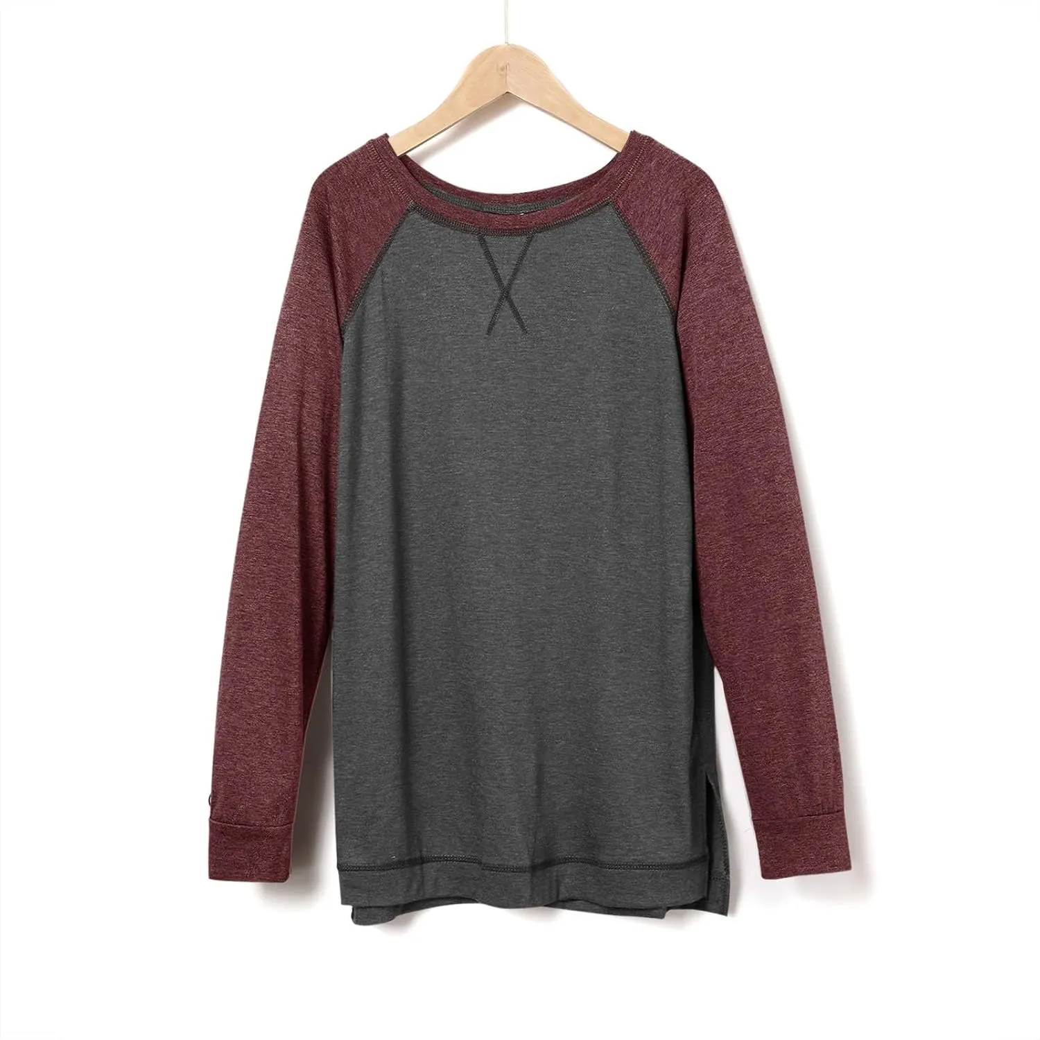Miyaomn Casual Raglan Long Sleeve T Shirts for Women Side Split Crew Neck Standard Fit Tees Contrast Color Spring Blouse Tops