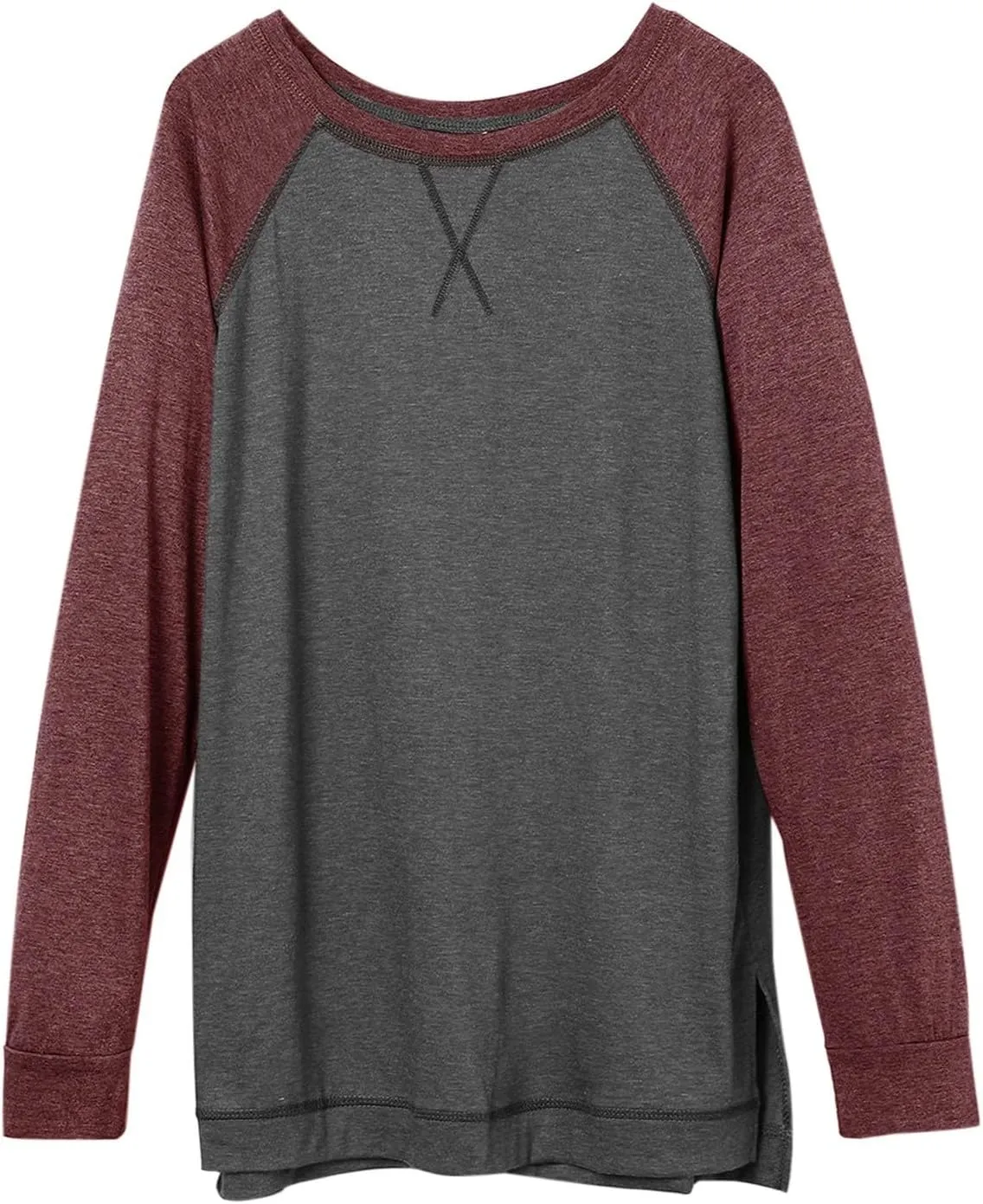 Miyaomn Casual Raglan Long Sleeve T Shirts for Women Side Split Crew Neck Standard Fit Tees Contrast Color Spring Blouse Tops