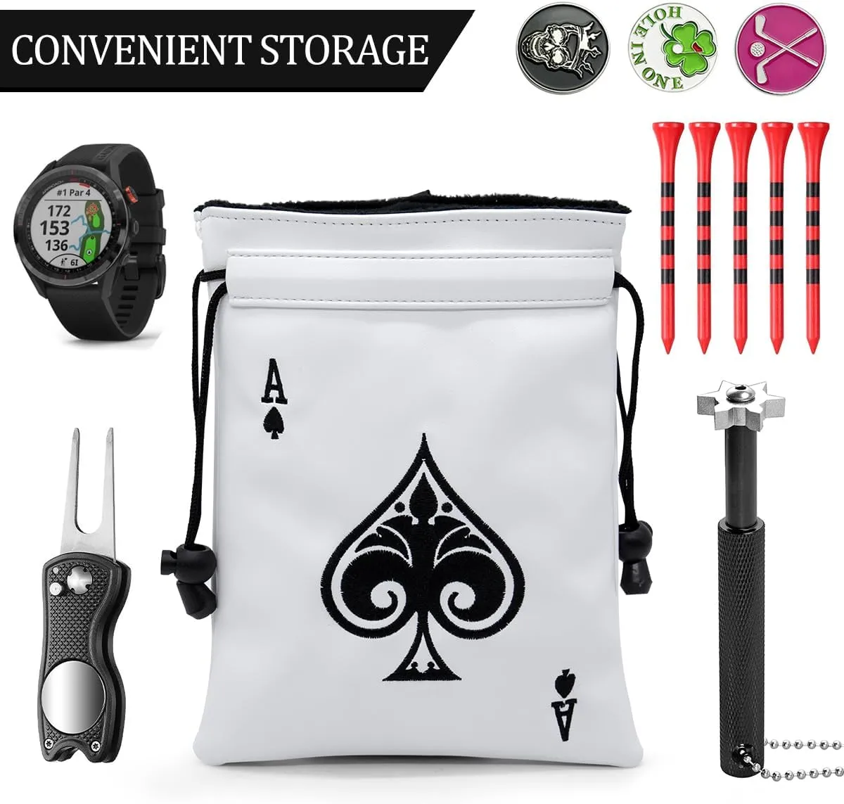 Montela Golf Valuables Pouch - Leather Tee & Ball Bag with Drawstrings