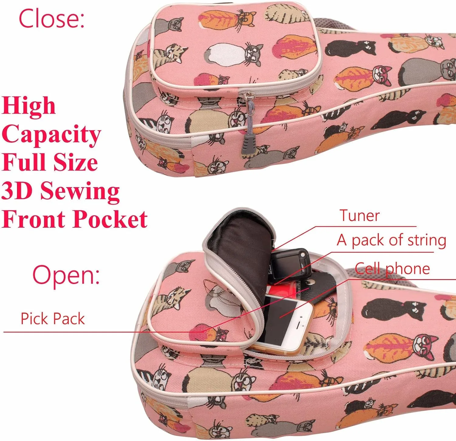 MUSIC FIRST Canvas 23/24 Inch Concert MISS CAT Ukulele Case, Bag, Cover - Original Design