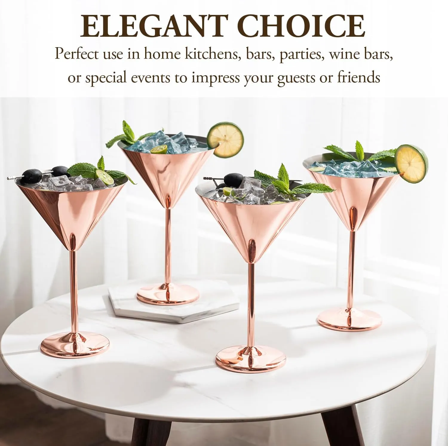 MyGift Set of 4 Modern Copper Plated Martini Cocktail Glasses, 8 oz Elegant Metallic Bar Drinking Glass for Cocktail Party, Wedding, Restaurant Bars