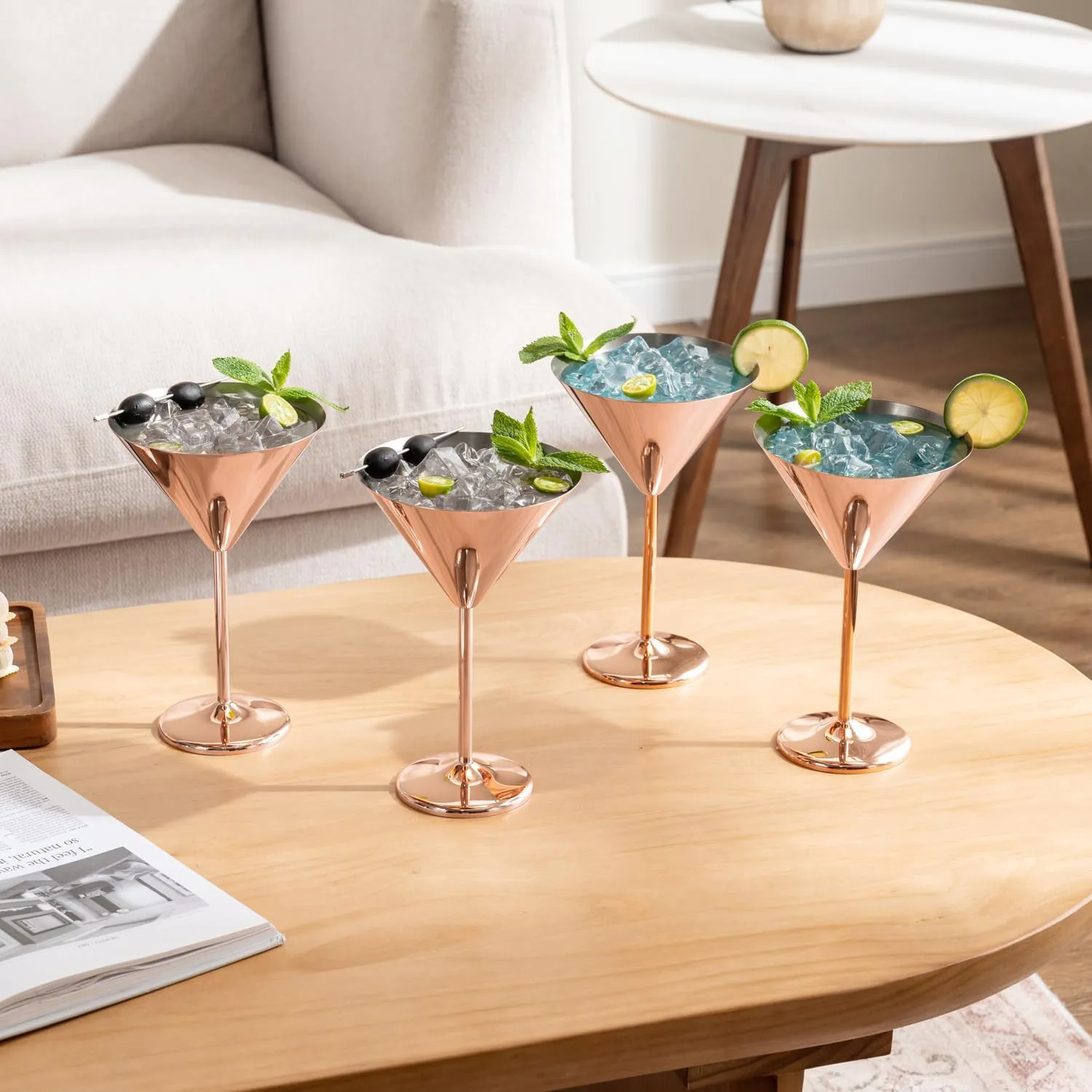 MyGift Set of 4 Modern Copper Plated Martini Cocktail Glasses, 8 oz Elegant Metallic Bar Drinking Glass for Cocktail Party, Wedding, Restaurant Bars