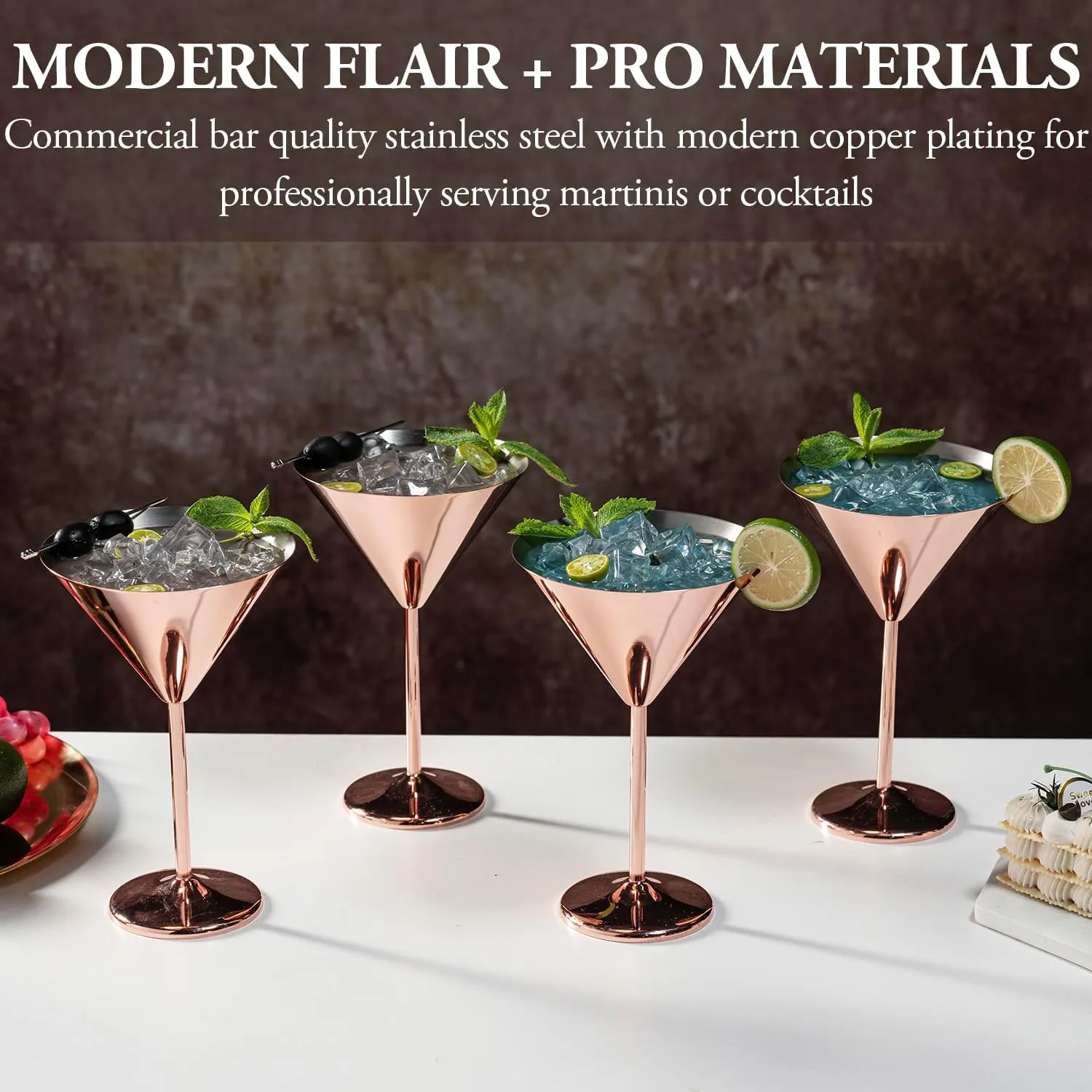 MyGift Set of 4 Modern Copper Plated Martini Cocktail Glasses, 8 oz Elegant Metallic Bar Drinking Glass for Cocktail Party, Wedding, Restaurant Bars