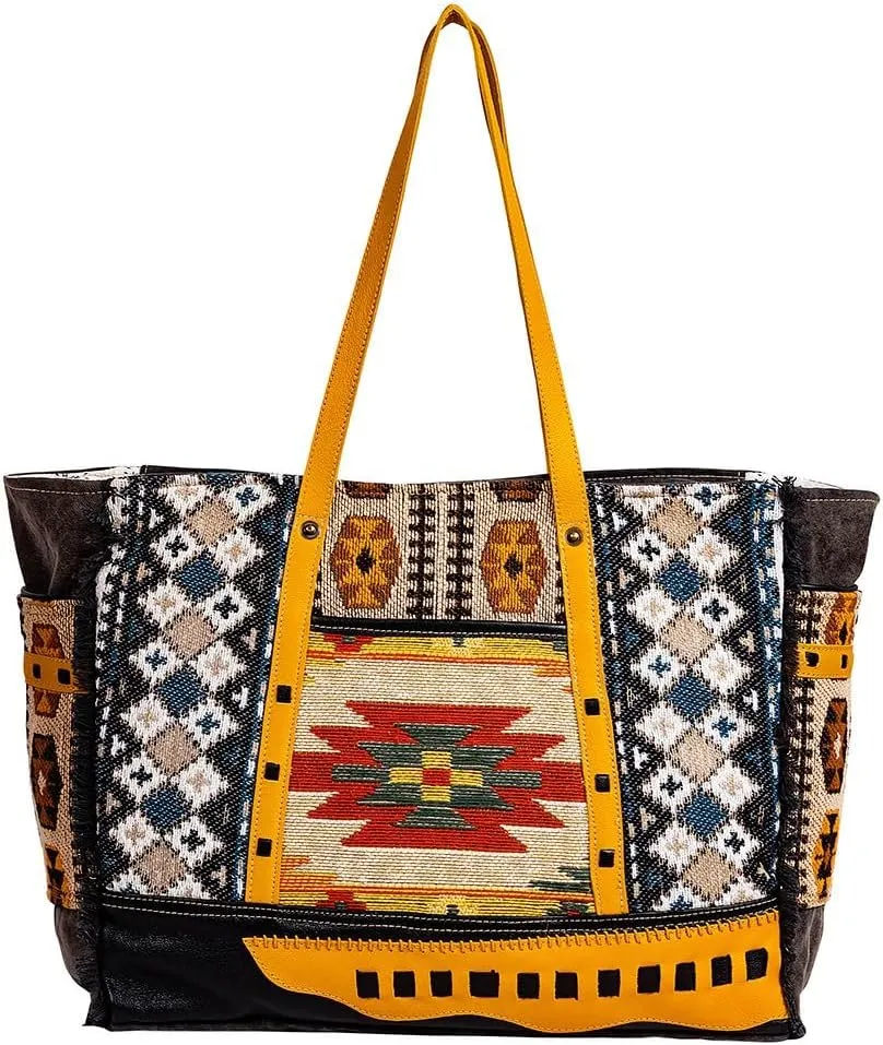 Myra Bag Weekender Bag for Women - Western Upcycled Canvas and Leather Shoulder Tote Bag Golden Sunrise