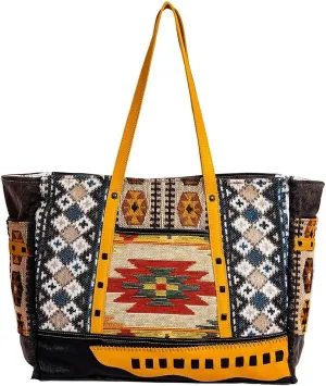 Myra Bag Weekender Bag for Women - Western Upcycled Canvas and Leather Shoulder Tote Bag Golden Sunrise