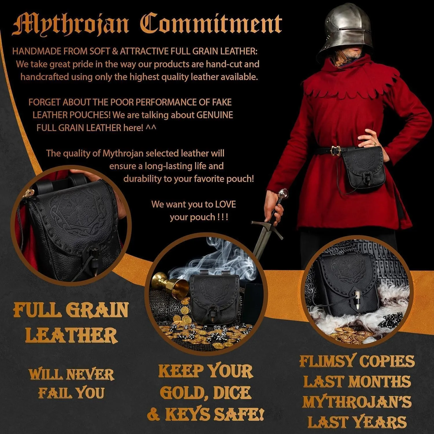 Mythrojan Viking Leather Belt Bag - Medieval & Renaissance Costume Accessories - LARP Waist Bag - Cosplay Coin Purse - Antique Vintage Coin Pouch