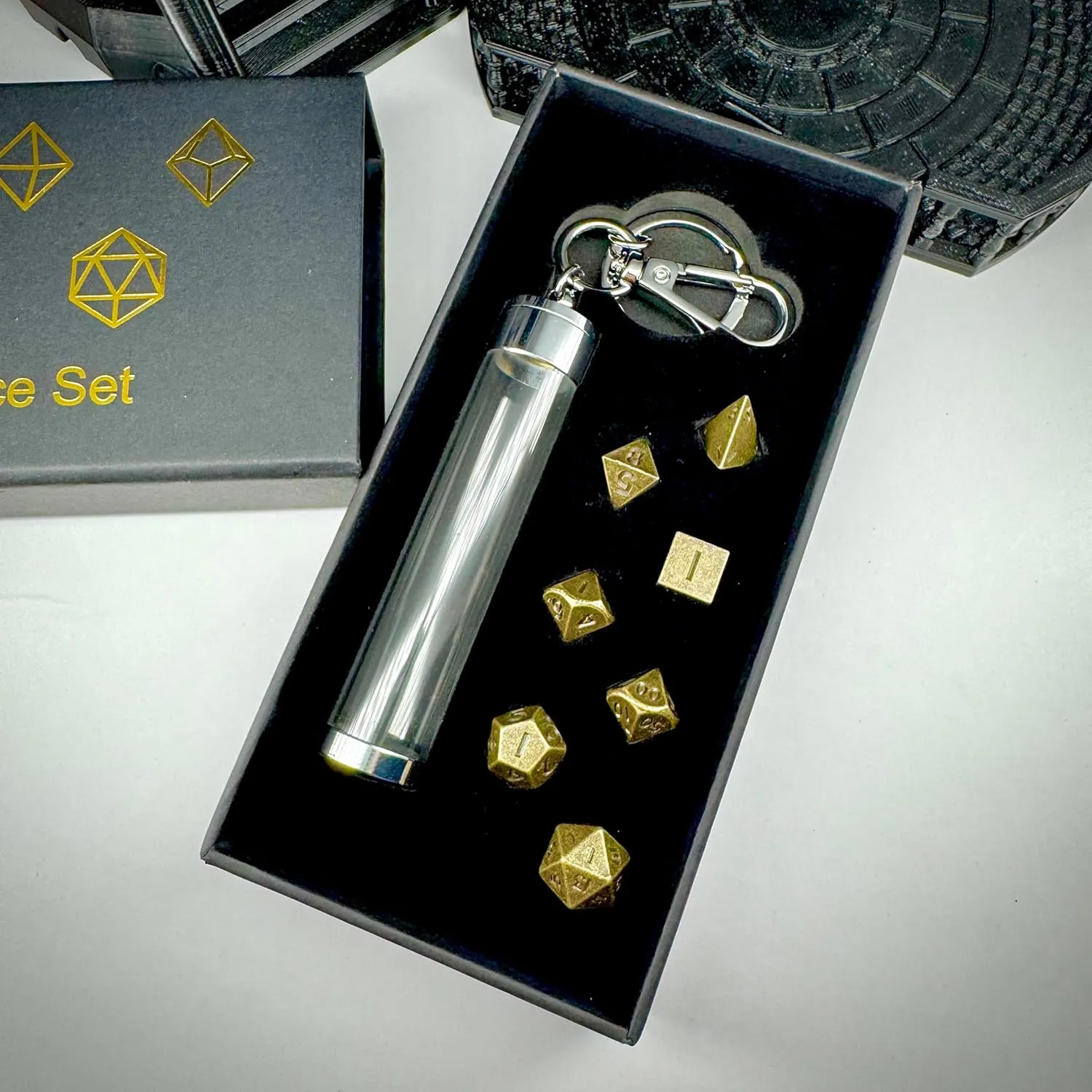MYZOFEEL 7 pcs Mini Metal Dice Set for DND RPG Games with Keychain Case Portable Role Playing Dice Perfect Accessories - Polyhedral Dice, Dungeons and Dragon Game Dice Set D&D Gifts with Box (Bronze)