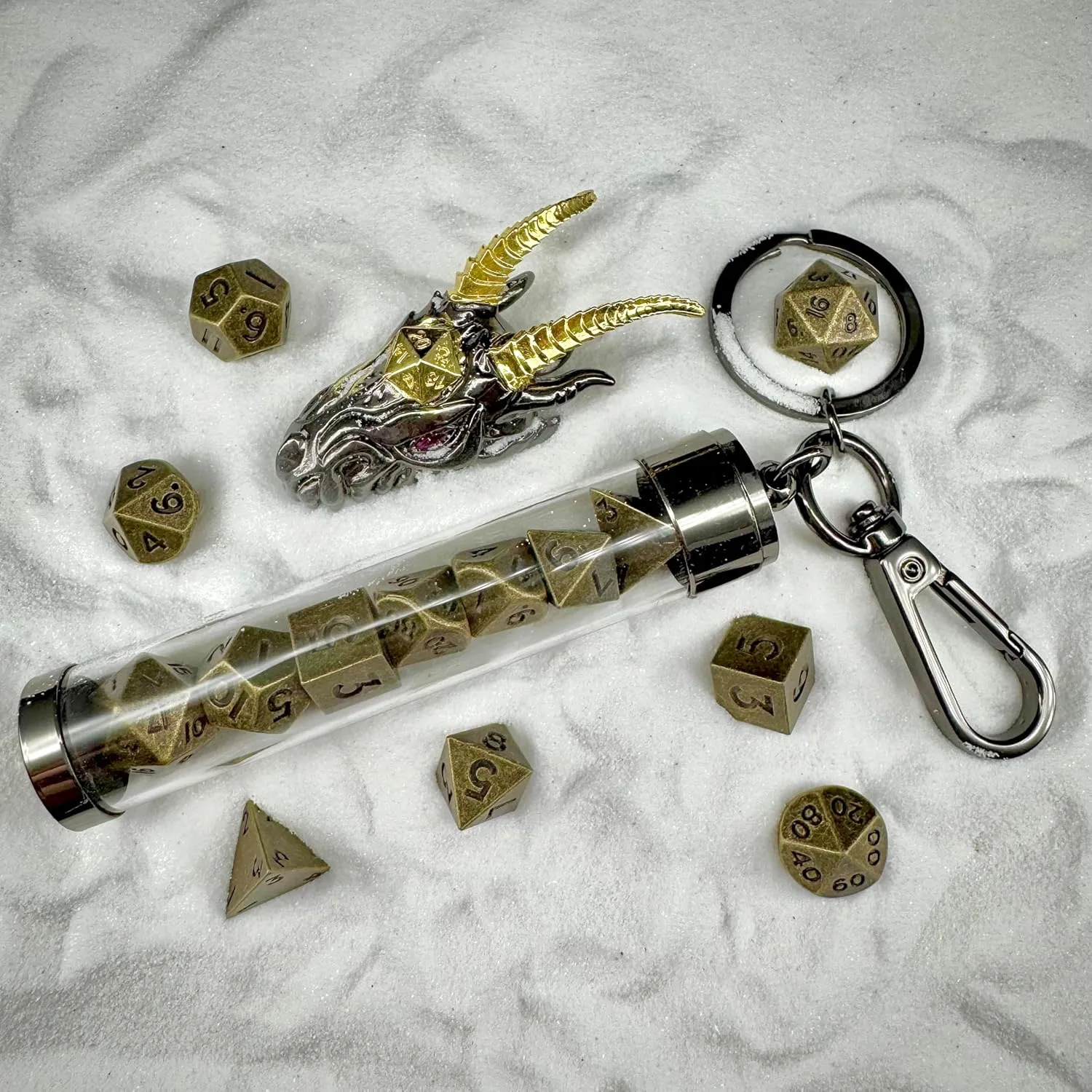 MYZOFEEL 7 pcs Mini Metal Dice Set for DND RPG Games with Keychain Case Portable Role Playing Dice Perfect Accessories - Polyhedral Dice, Dungeons and Dragon Game Dice Set D&D Gifts with Box (Bronze)