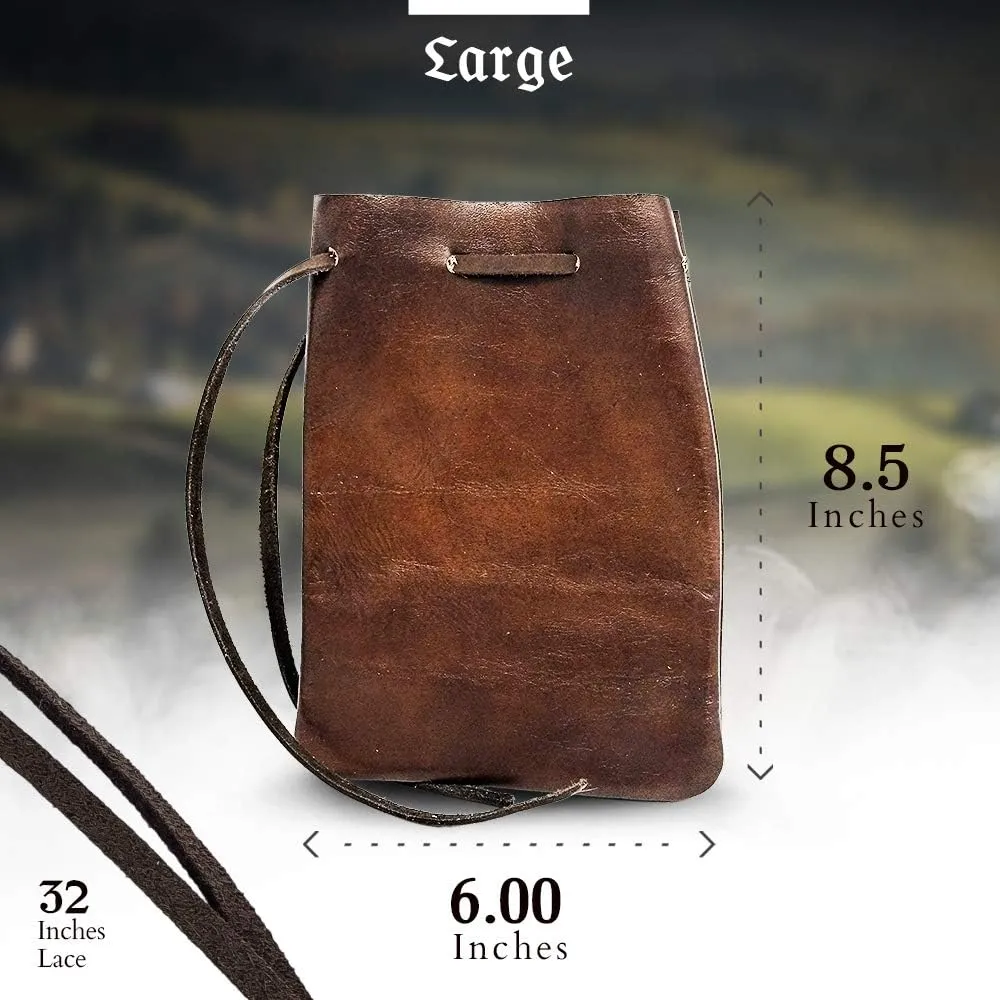 Nabob Leather Leather Drawstring Pouch, Coin Bag, Medicine Tobacco Pouch Medieval Reenactment Made in U.S.A Size 8.5" x 6"