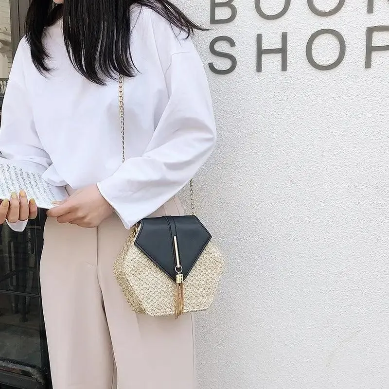 New Famous Mulit Style Straw leather Handba For Women And Girls  New Fashion Summer Bag Handmade Woven Beach Circle Shoulder Bag