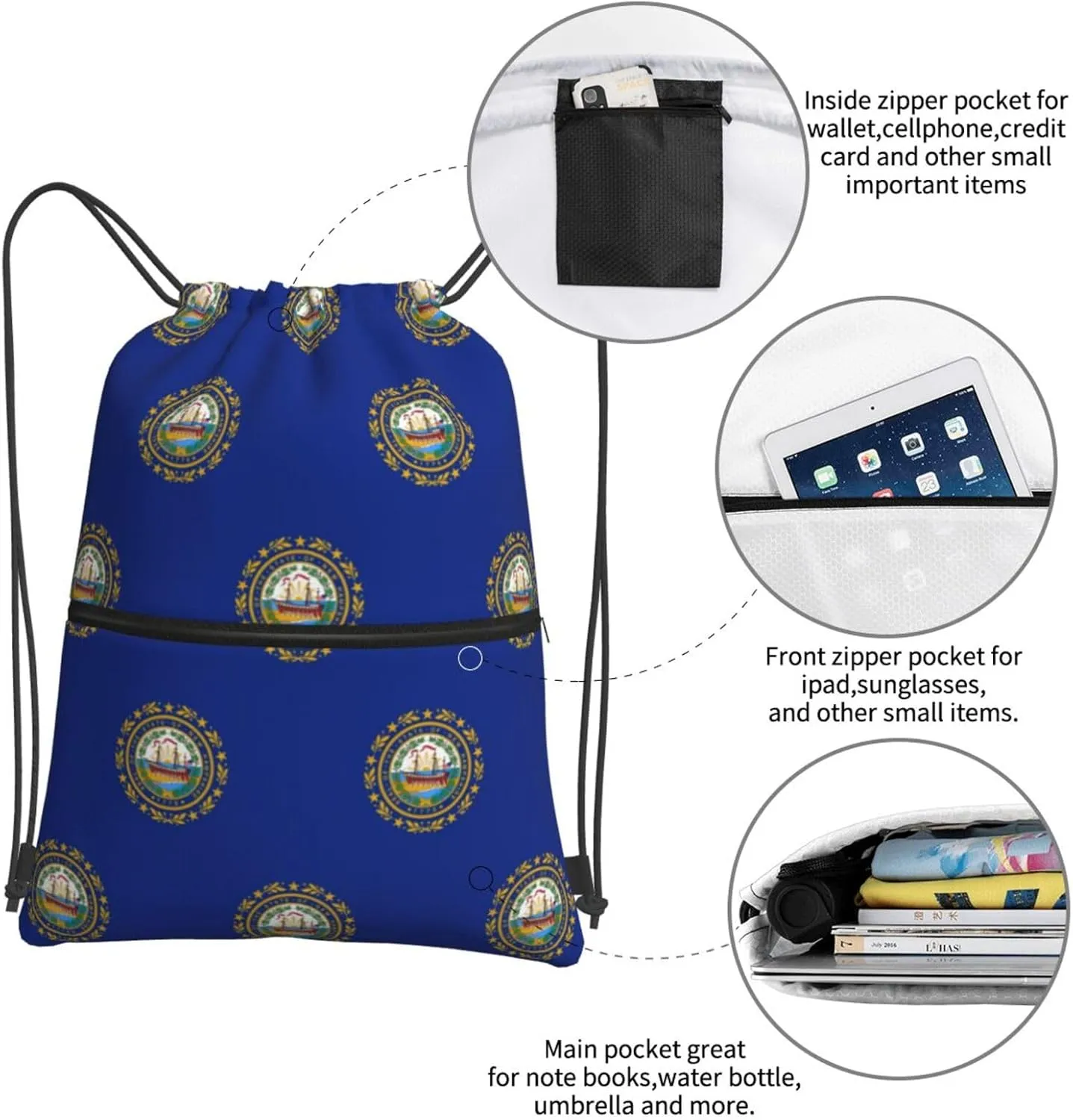 New Hampshire State Flag Drawstring Backpack Sports Gym Bag For Women Men Traveling