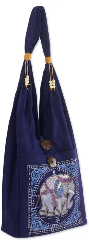NOVICA Artisan handcrafted cotton handbag shoulder handbags blue royal classic snorkel patterned thailand animal themed elephant ' lucky elephant'