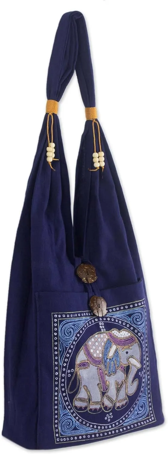 NOVICA Artisan handcrafted cotton handbag shoulder handbags blue royal classic snorkel patterned thailand animal themed elephant ' lucky elephant'