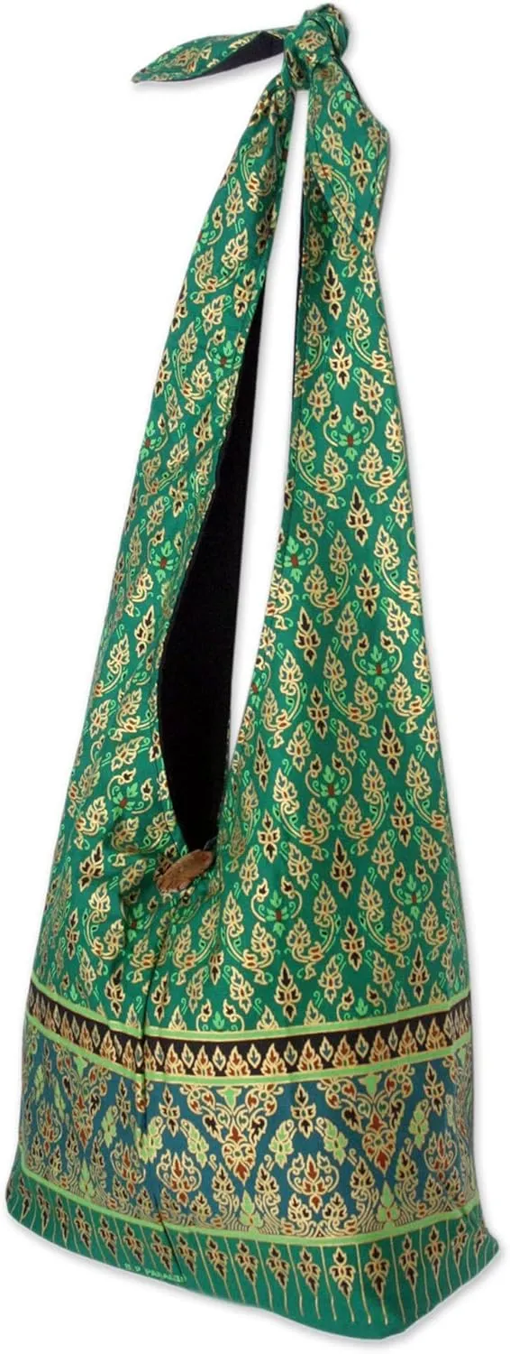 NOVICA Artisan Handmade Cotton Sling Tote Bag Crafted Handbag from Thailand Coconut Shell Green Patterned 'Royal Thai Emerald'