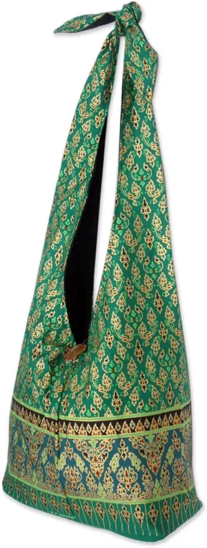 NOVICA Artisan Handmade Cotton Sling Tote Bag Crafted Handbag from Thailand Coconut Shell Green Patterned 'Royal Thai Emerald'