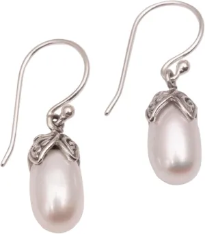 NOVICA Handmade .925 Sterling Silver Cultured Freshwater Pearl Dangle Earrings Metallic White Indonesia Gemstone Birthstone 'Moonlight Seeds'