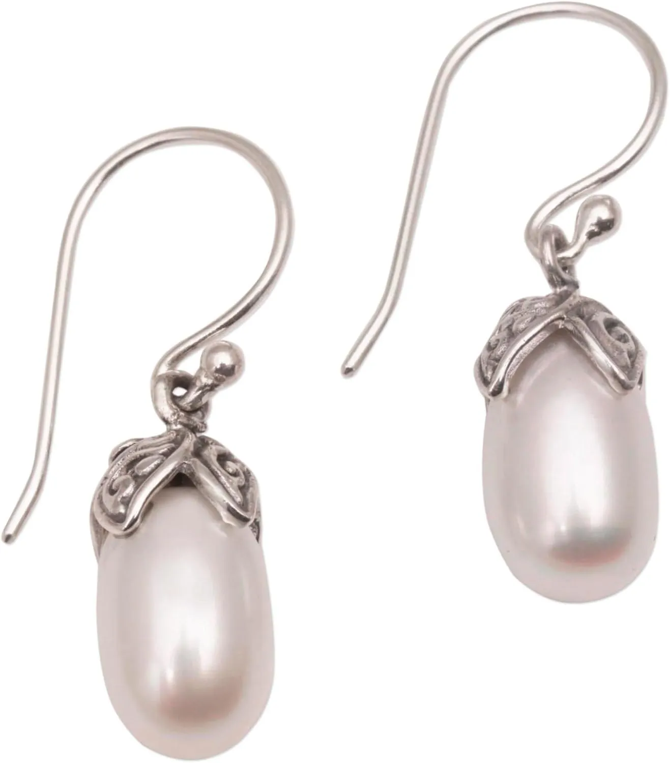 NOVICA Handmade .925 Sterling Silver Cultured Freshwater Pearl Dangle Earrings Metallic White Indonesia Gemstone Birthstone 'Moonlight Seeds'