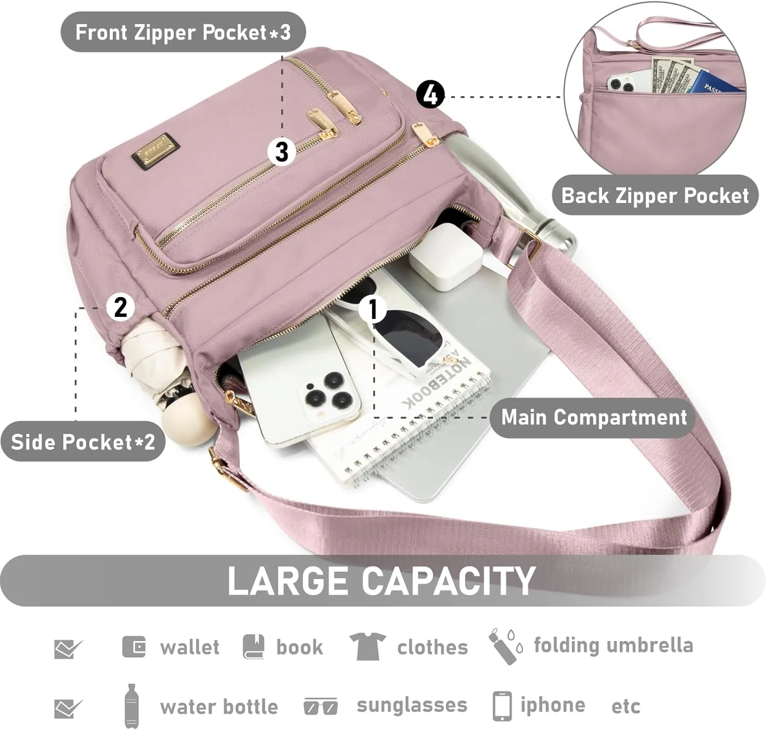 NPBAG Crossbody Bag for Women, Shoulder Purse Handbag Messenger Bag, Trendy Pocketbooks, Waterproof and Multi-Pockets