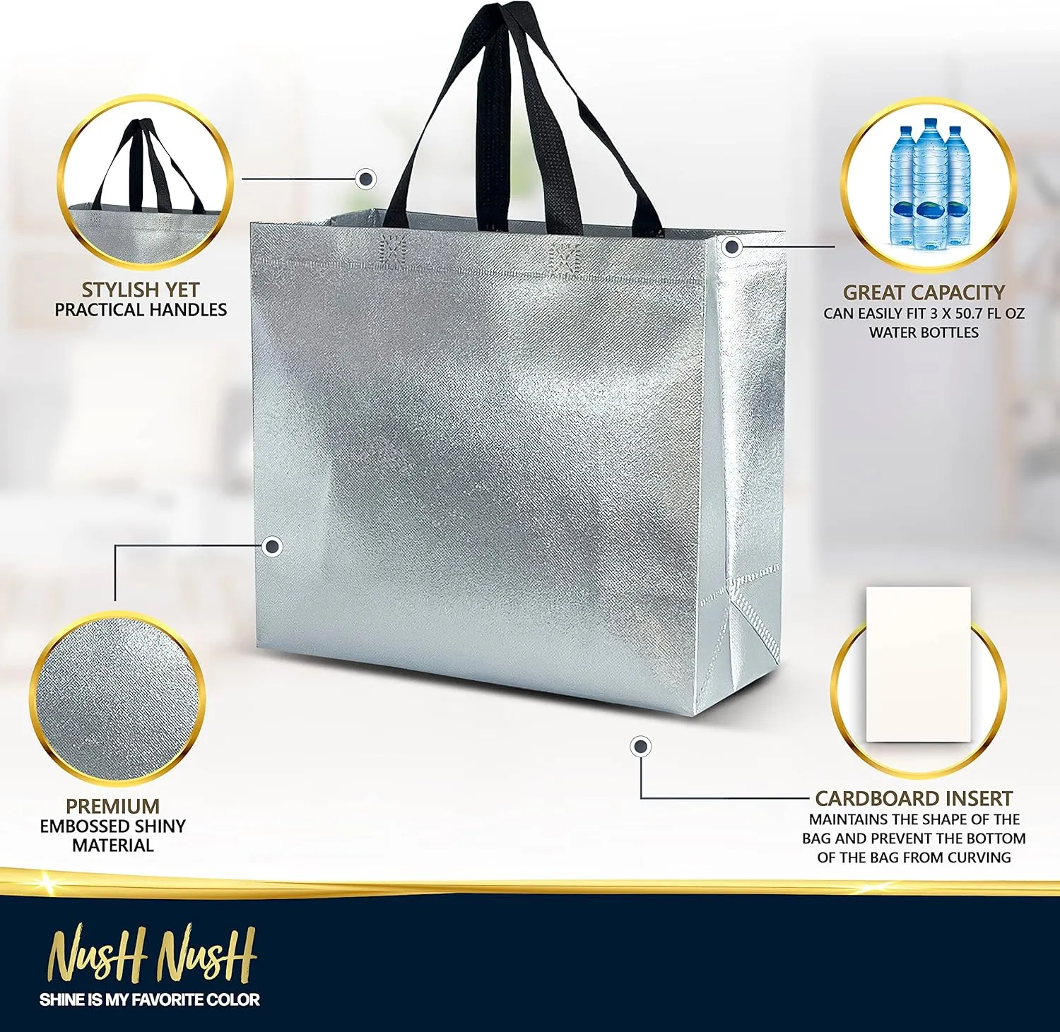 Nush Nush Metallic Silver Gift Bags Set of 12 Reusable Large Gift Bags With Handles - Christmas, Birthday, Wedding Gift Bags 13x5x11 inches