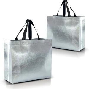 Nush Nush Metallic Silver Gift Bags Set of 12 Reusable Large Gift Bags With Handles - Christmas, Birthday, Wedding Gift Bags 13x5x11 inches