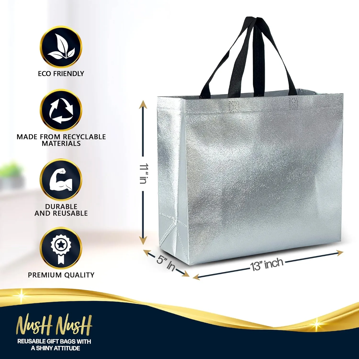 Nush Nush Metallic Silver Gift Bags Set of 12 Reusable Large Gift Bags With Handles - Christmas, Birthday, Wedding Gift Bags 13x5x11 inches