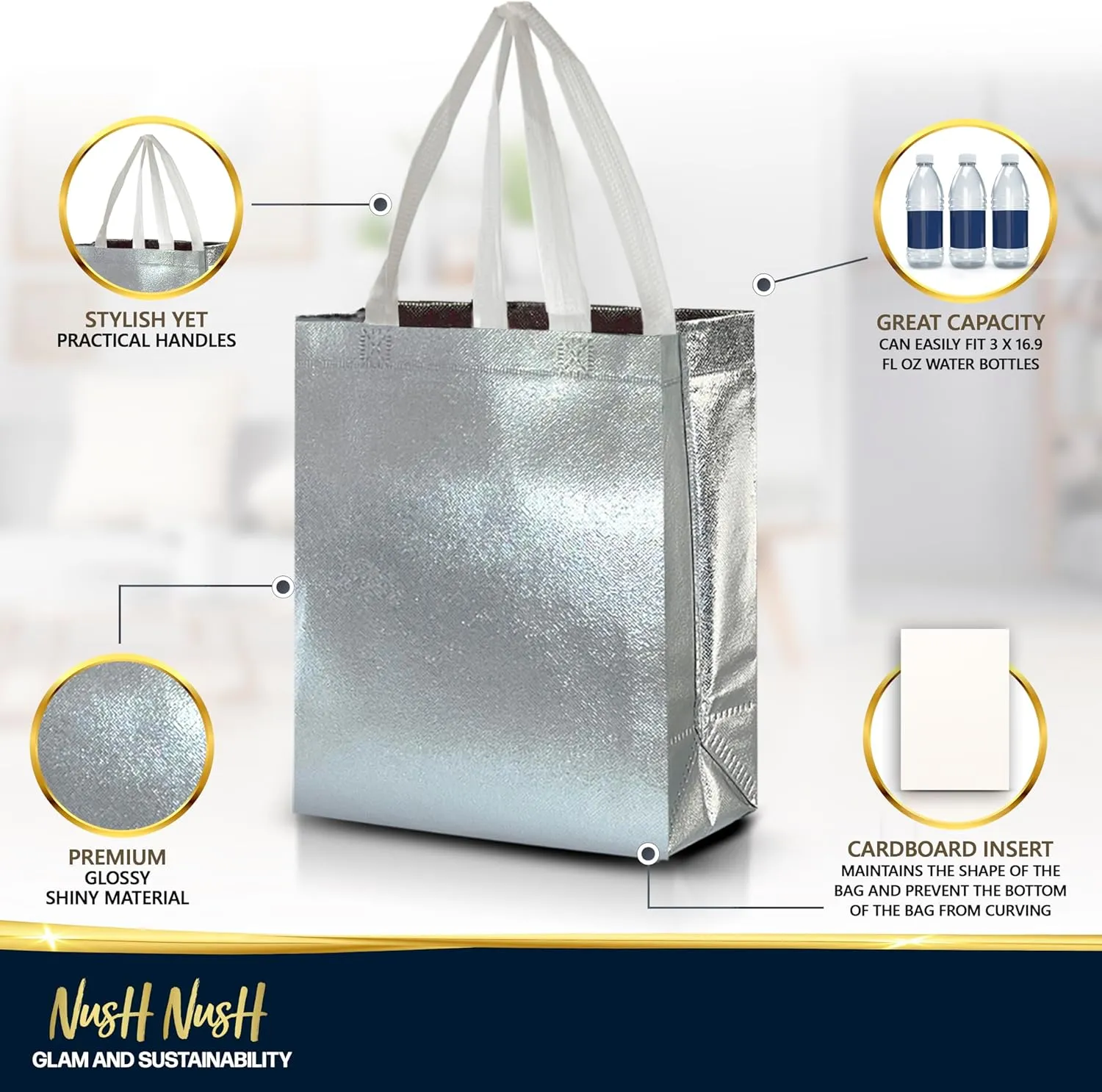 Nush Nush Set of 60 Silver Gift Bags in Bulk, Reusable With White Handles, Medium Size, Perfect As Goodie/Birthday Gift Bags, Party Favor Bags, 8Wx4Dx10H Size