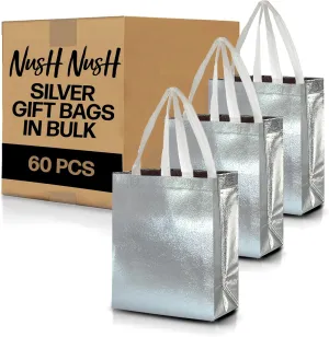 Nush Nush Set of 60 Silver Gift Bags in Bulk, Reusable With White Handles, Medium Size, Perfect As Goodie/Birthday Gift Bags, Party Favor Bags, 8Wx4Dx10H Size