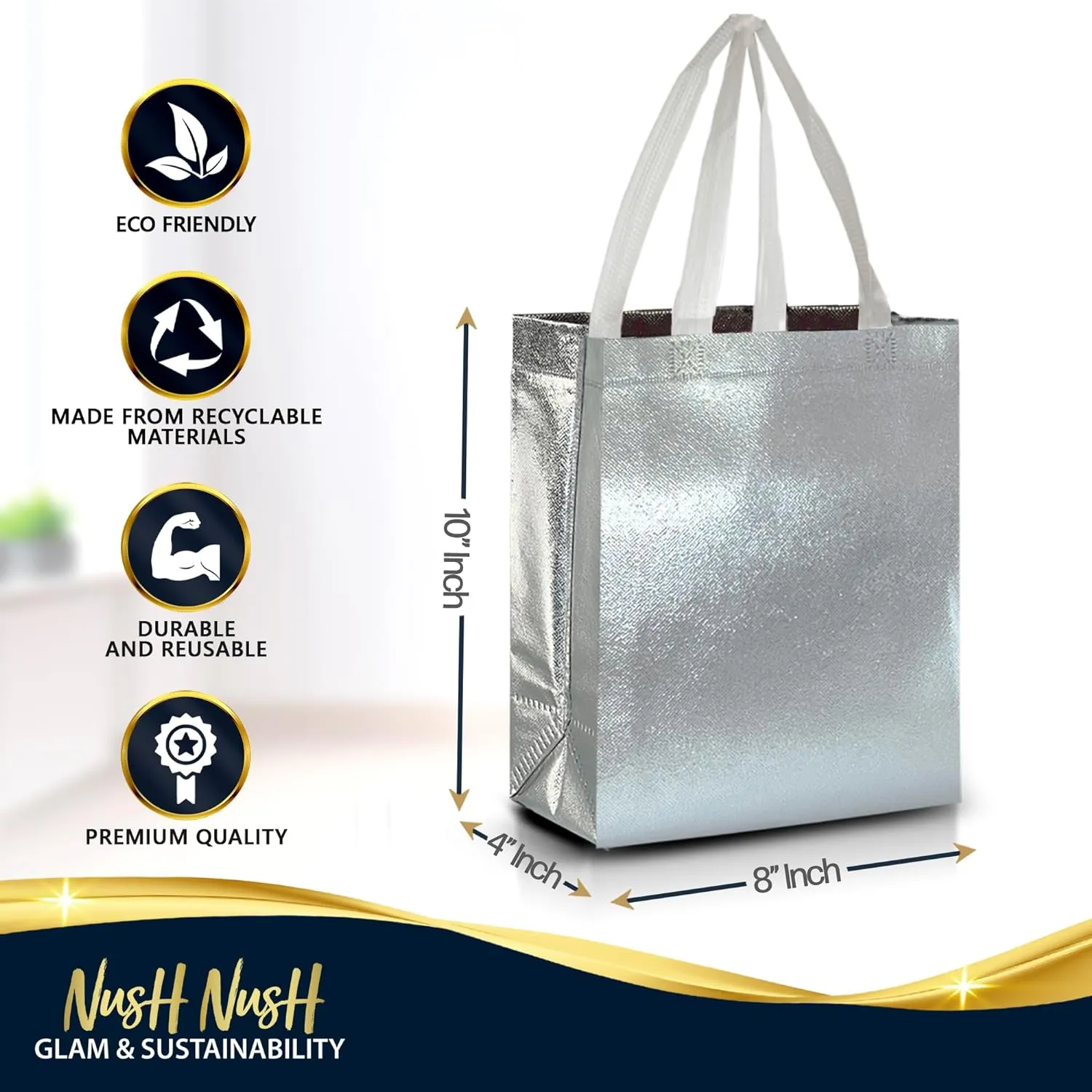 Nush Nush Set of 60 Silver Gift Bags in Bulk, Reusable With White Handles, Medium Size, Perfect As Goodie/Birthday Gift Bags, Party Favor Bags, 8Wx4Dx10H Size