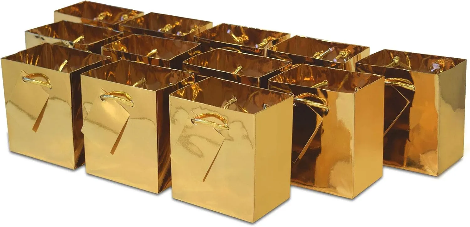 OccasionALL Mini Christmas Gift Bags with Handles, Gold Holiday Wrap, Birthdays, Weddings, Valentines, Party Favors, Shopping Bulk, 4x2.75x4.5 12 Pack