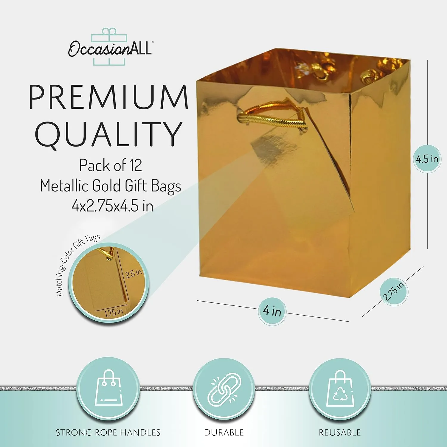 OccasionALL Mini Christmas Gift Bags with Handles, Gold Holiday Wrap, Birthdays, Weddings, Valentines, Party Favors, Shopping Bulk, 4x2.75x4.5 12 Pack