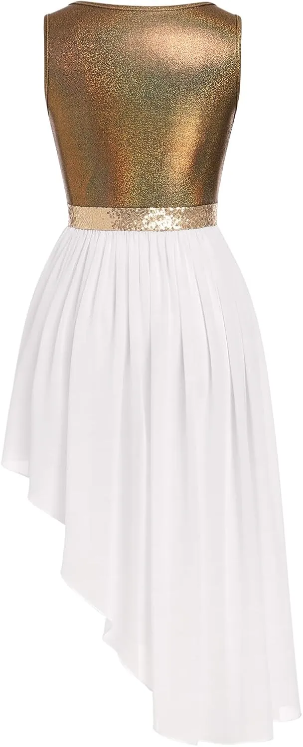 ODASDO Women's Asymmetrical Overlays Dresses Metallic Color Block Praise Lyrical Dance Dress Tunic Irregular Hem Dancewear