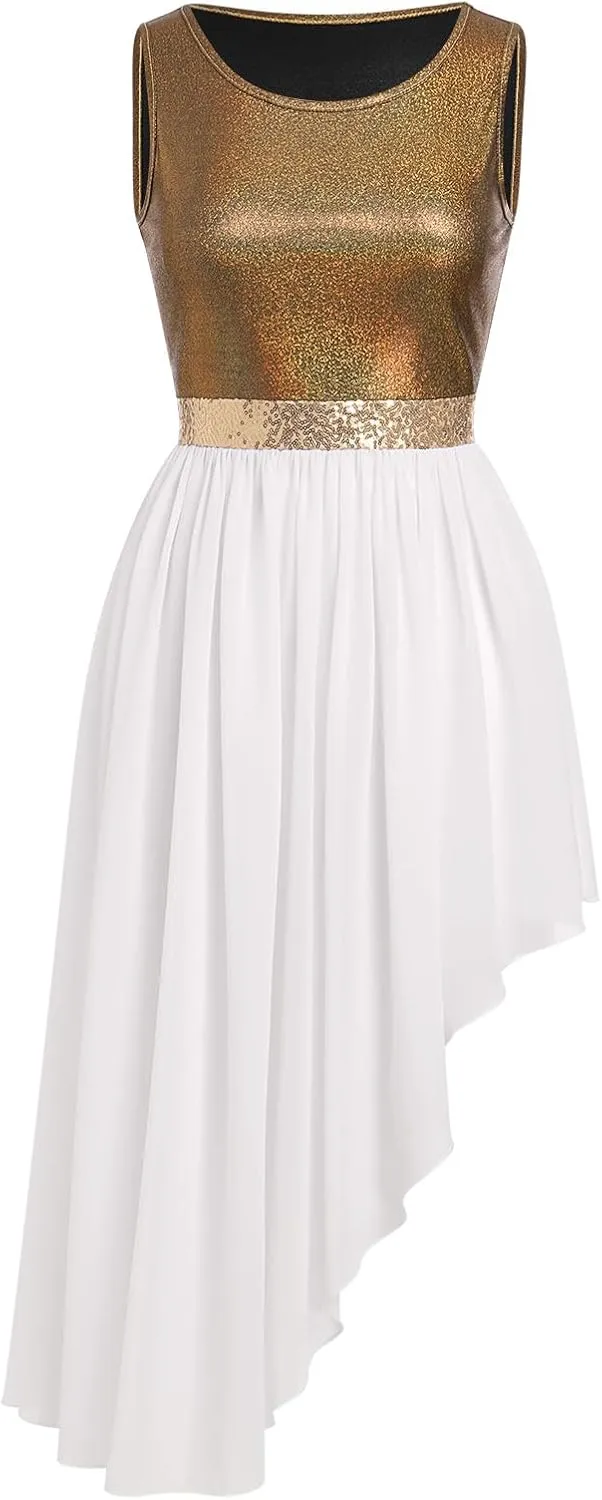 ODASDO Women's Asymmetrical Overlays Dresses Metallic Color Block Praise Lyrical Dance Dress Tunic Irregular Hem Dancewear