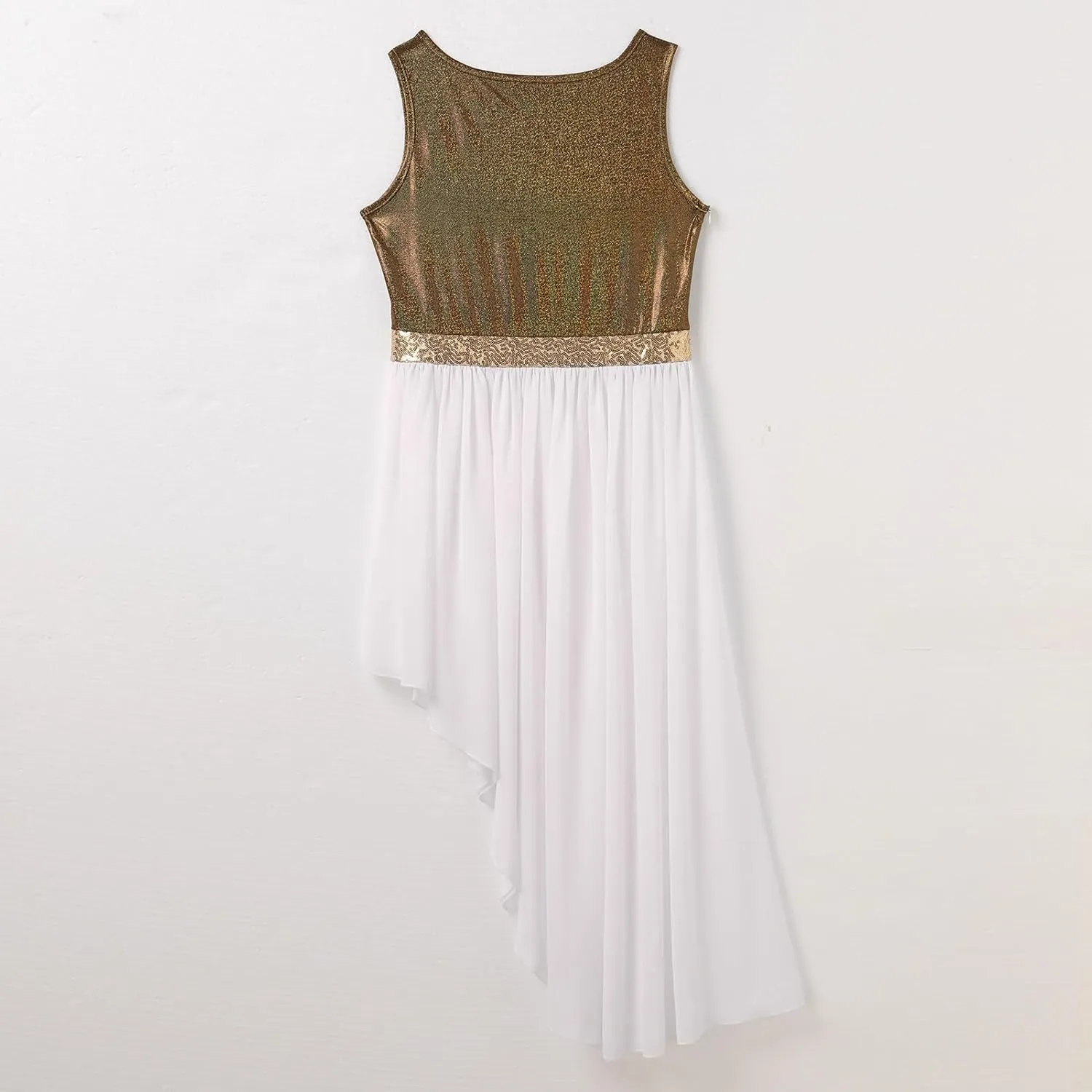 ODASDO Women's Asymmetrical Overlays Dresses Metallic Color Block Praise Lyrical Dance Dress Tunic Irregular Hem Dancewear