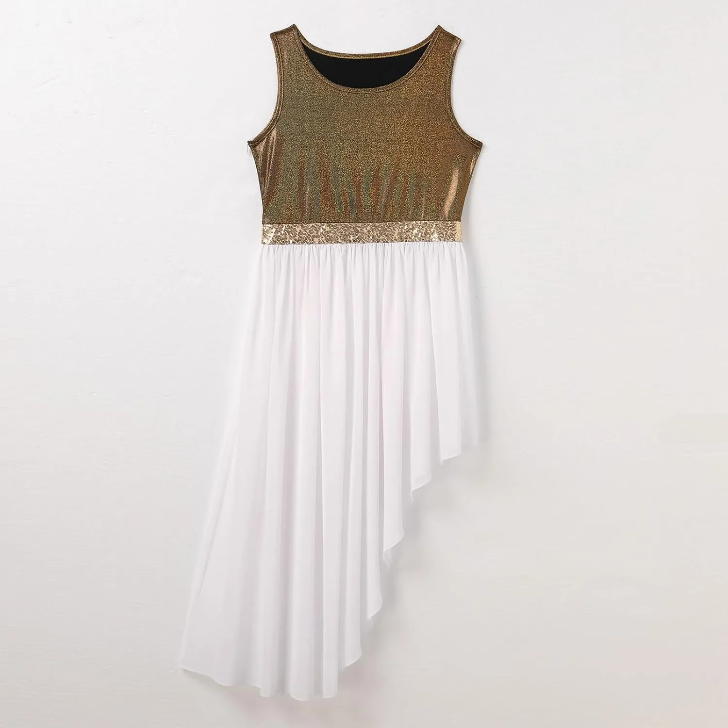 ODASDO Women's Asymmetrical Overlays Dresses Metallic Color Block Praise Lyrical Dance Dress Tunic Irregular Hem Dancewear