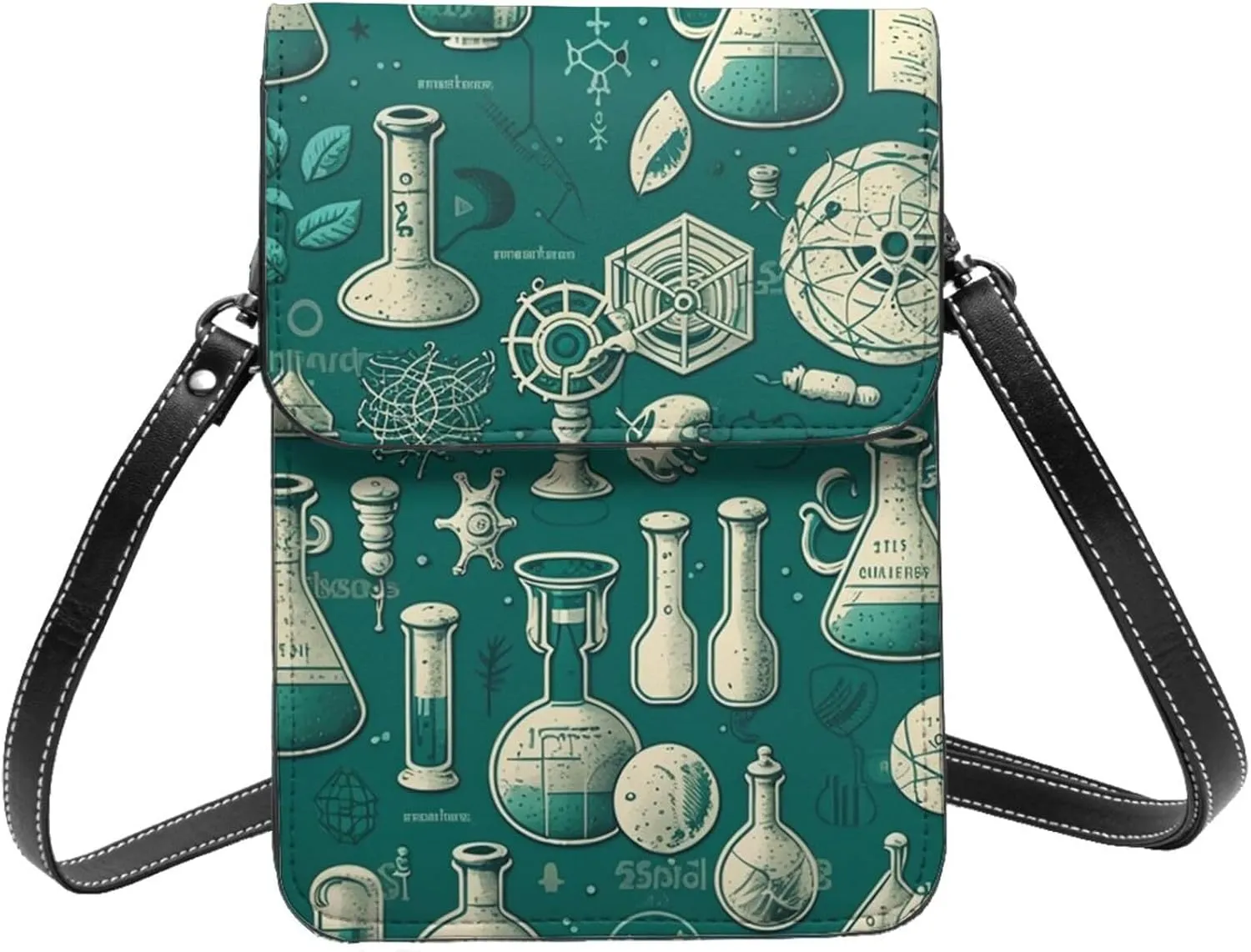 Old chemistry laboratory Science green Leather Small Crossbody Bags for Women Cell Phone Bag Wallet Purses with Adjustable Strap