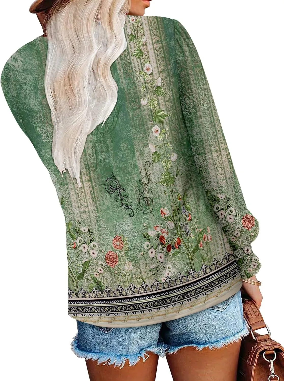 onlypuff V Neck Tops for Women Long Sleeve Shirts Loose Fit Tunic Top Cute Ladies Blouse Fall Fashion Tops