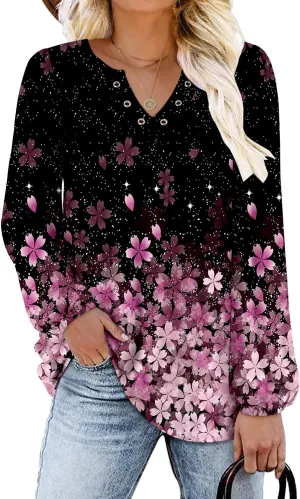 onlypuff V Neck Tops for Women Long Sleeve Shirts Loose Fit Tunic Top Cute Ladies Blouse Fall Fashion Tops