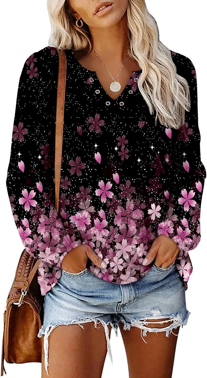 onlypuff V Neck Tops for Women Long Sleeve Shirts Loose Fit Tunic Top Cute Ladies Blouse Fall Fashion Tops