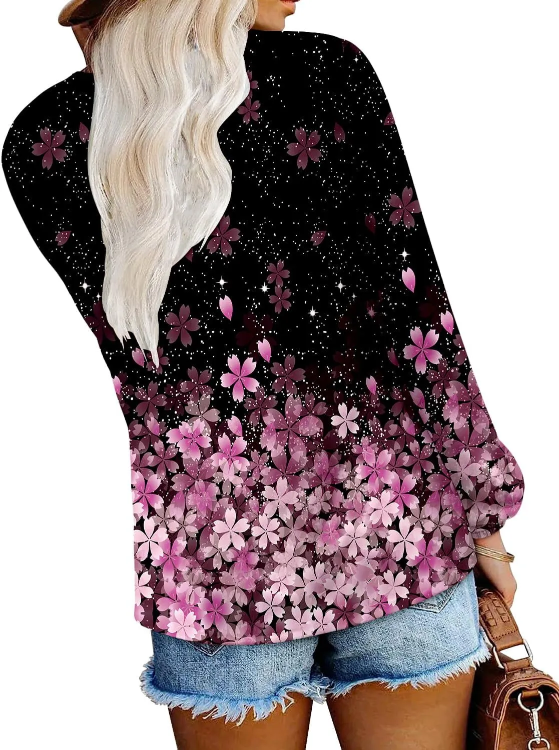 onlypuff V Neck Tops for Women Long Sleeve Shirts Loose Fit Tunic Top Cute Ladies Blouse Fall Fashion Tops