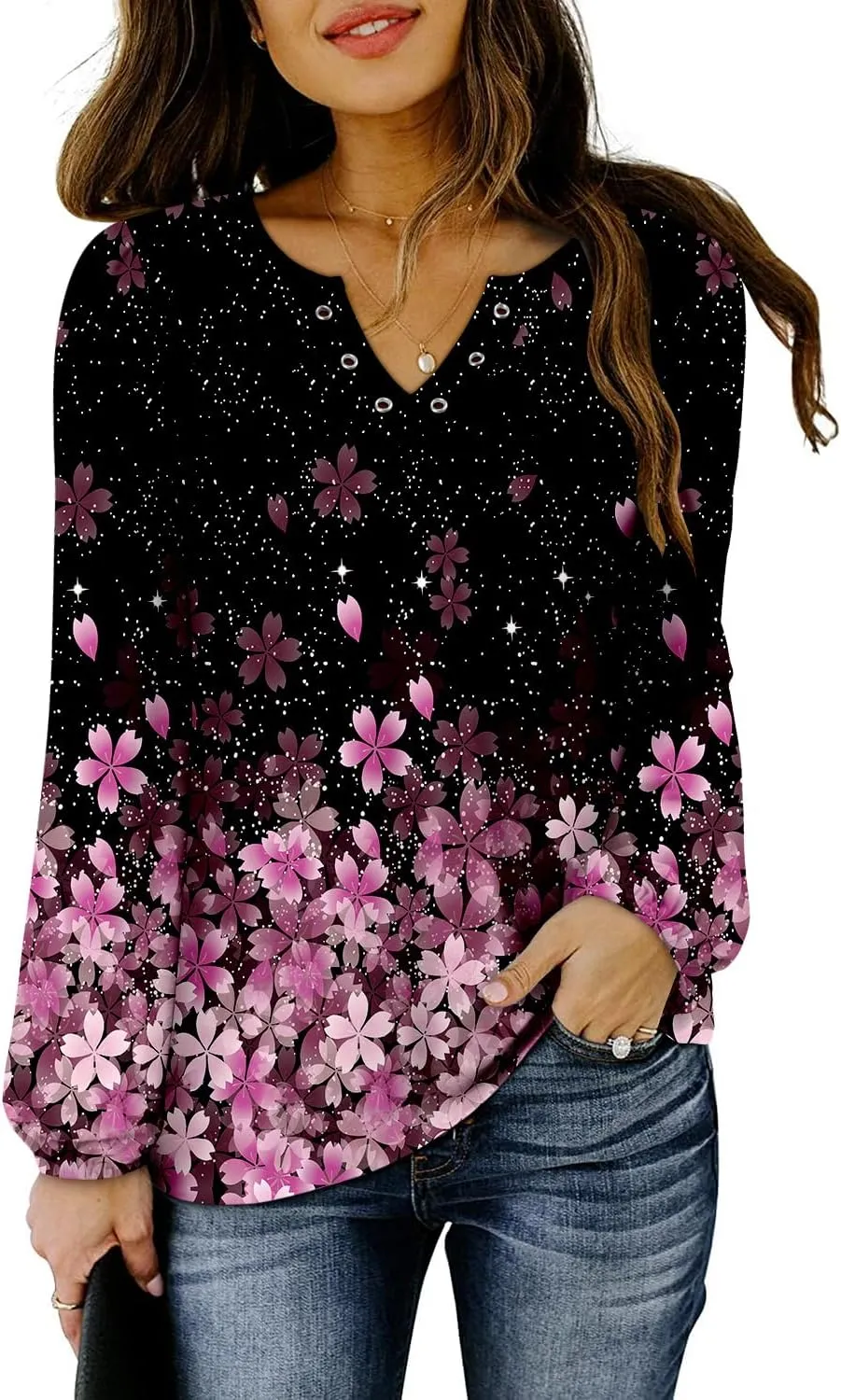 onlypuff V Neck Tops for Women Long Sleeve Shirts Loose Fit Tunic Top Cute Ladies Blouse Fall Fashion Tops